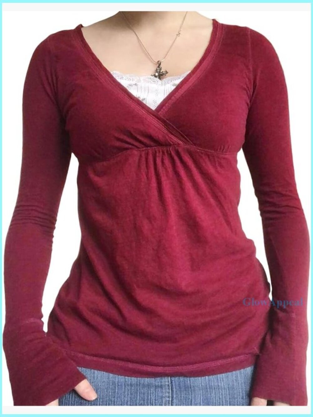 Long Sleeve V-Neck Slim Fit T-Shirt, Y2K Fairy Grunge Top, Polyester